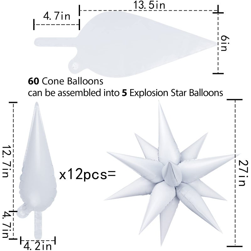 TOTAFAM 60 Pcs Star Foil Balloons Explosion 12 Point Cone Balloon Magic Starburst Balloon Large for Wedding Anniversary Backdrop Birthday Party Decorations (White) - Image 2